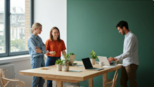 Estudiantes en prácticas compartiendo ideas relajadamente en su nueva empresa